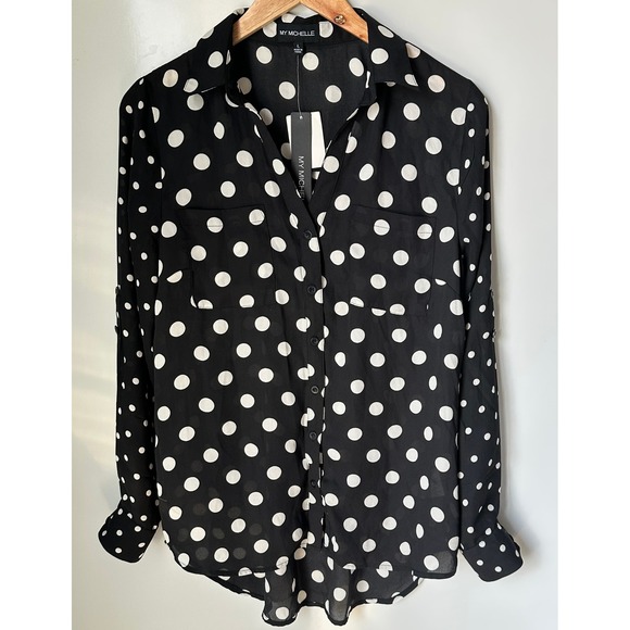 My Michelle Blouse Black/White Polka Dot Button Down Classic Office Large‎ NWT - Picture 5 of 12